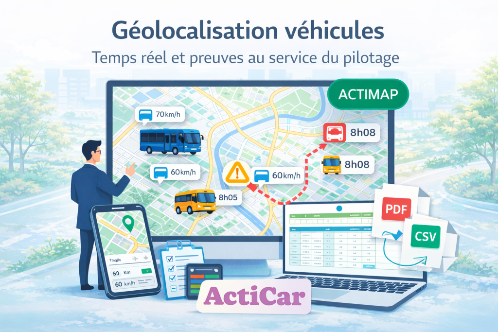 Géolocalisation véhicules avec ActiMap : suivi temps réel, trajets, vitesses et exports de preuves