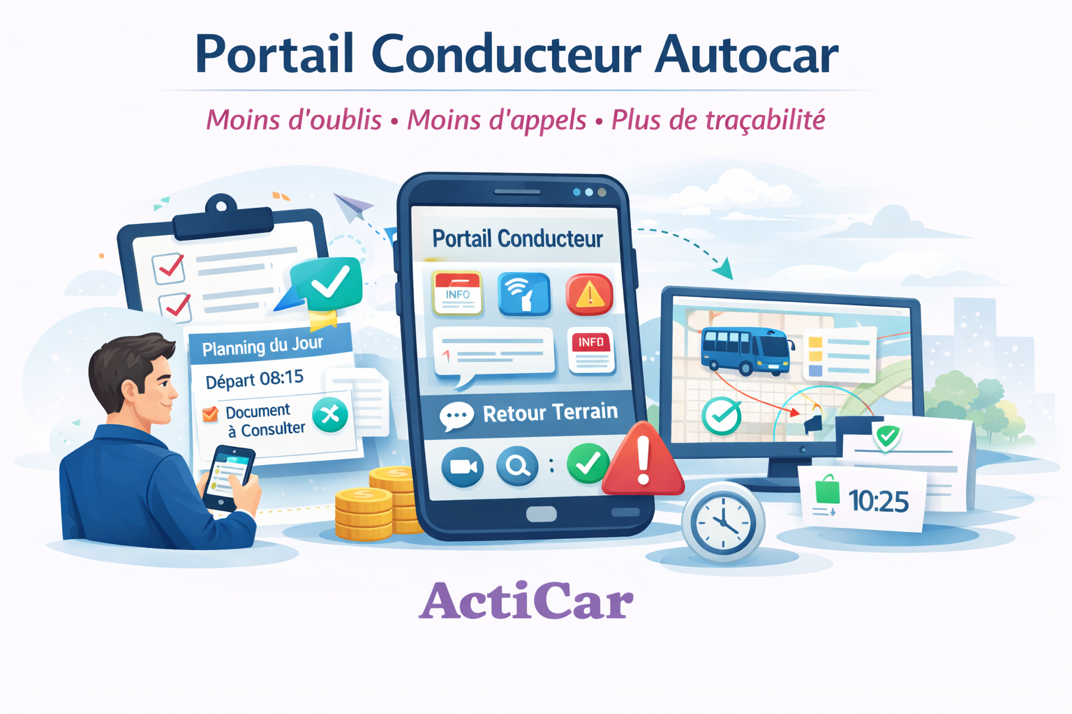 Le portail conducteur ActiCar centralise planning, documents, informations de mission et retours terrain pour fluidifier les échanges entre exploitation et conducteurs.