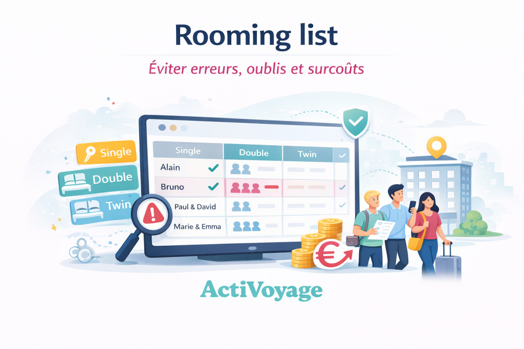 Illustration ActiVoyage sur la gestion d’une rooming list avec répartition des chambres, erreurs à éviter et surcoûts hébergement