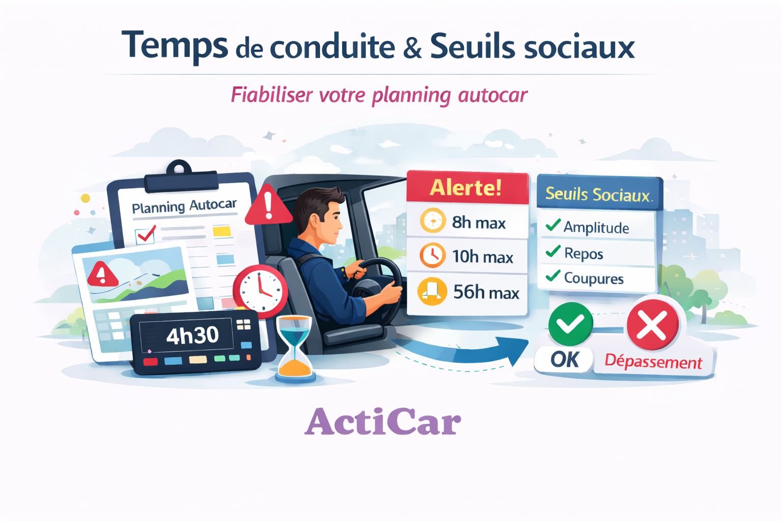 Anticiper les dépassements de temps de conduite et mieux piloter les seuils sociaux dans votre planning autocar.