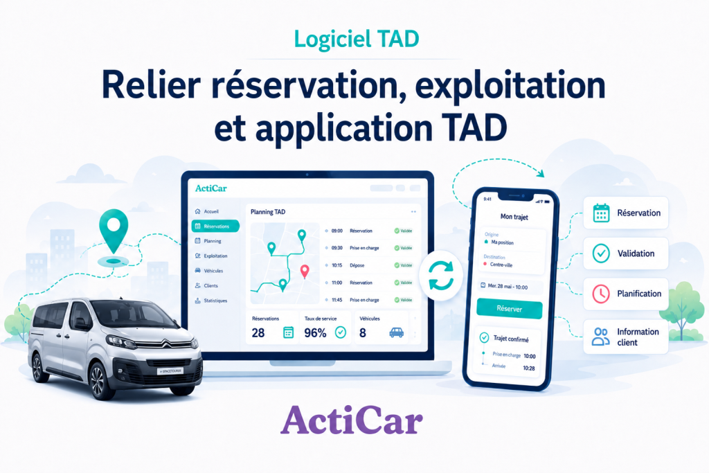Illustration d’un logiciel TAD relié à une application TAD mobile pour centraliser réservation et exploitation