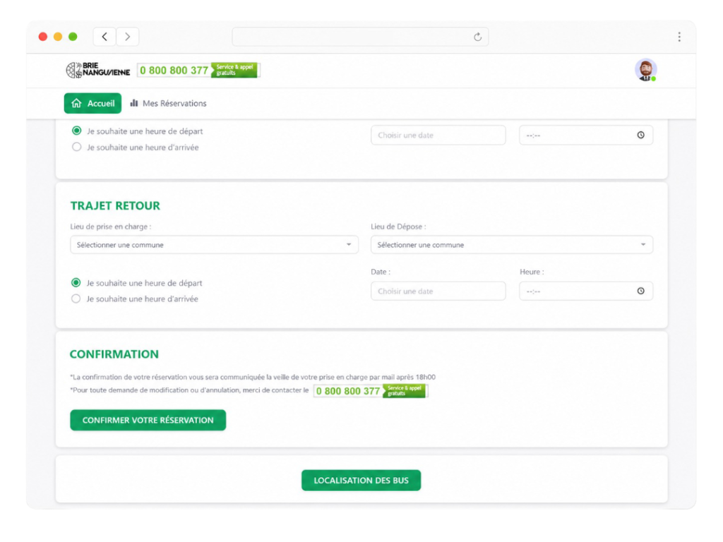 Interface web de réservation TAD permettant de réserver un trajet en ligne depuis un ordinateur