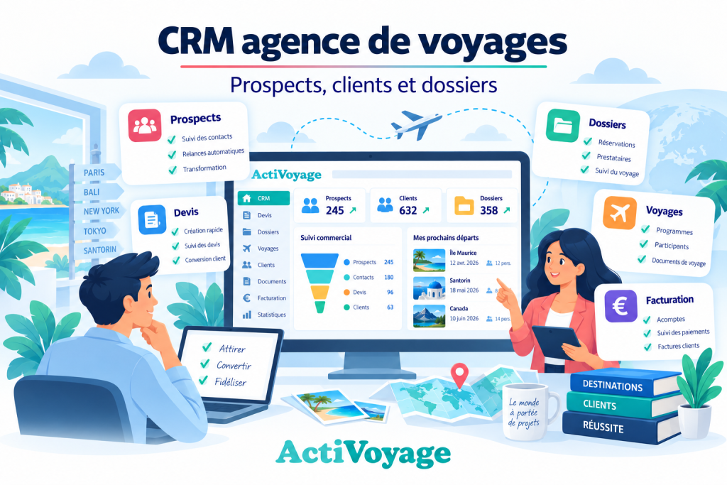 CRM agence de voyages : centraliser le suivi des prospects, clients et dossiers avec ActiVoyage.