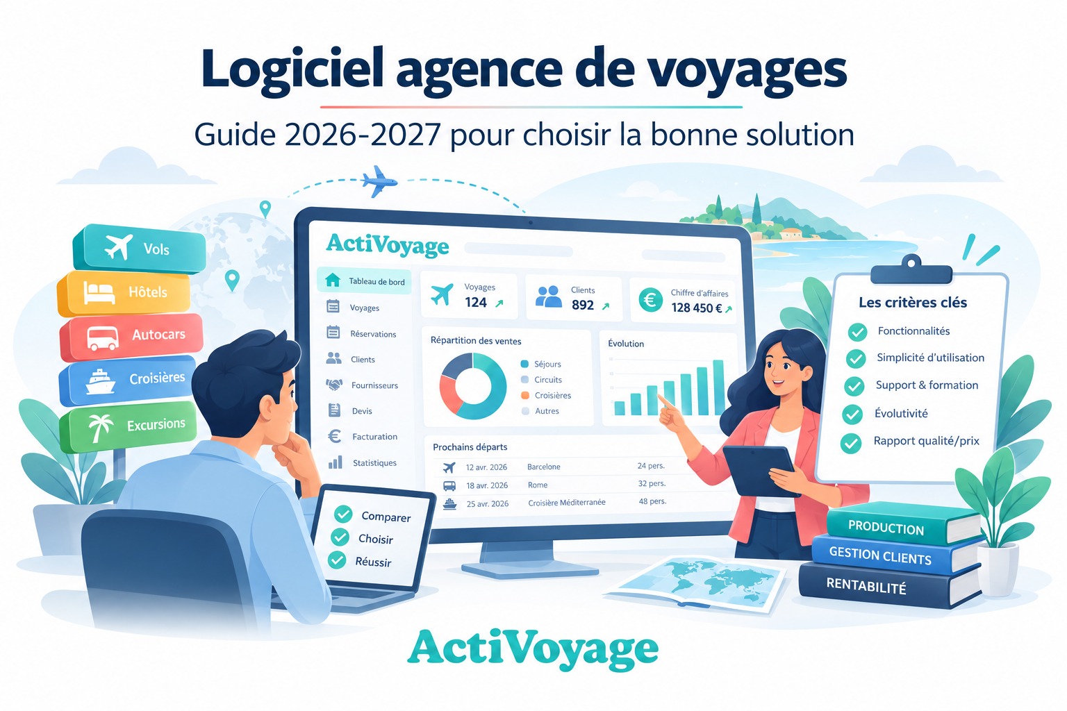 Les principaux critères à comparer pour choisir un logiciel adapté à une agence de voyages ou un voyagiste.