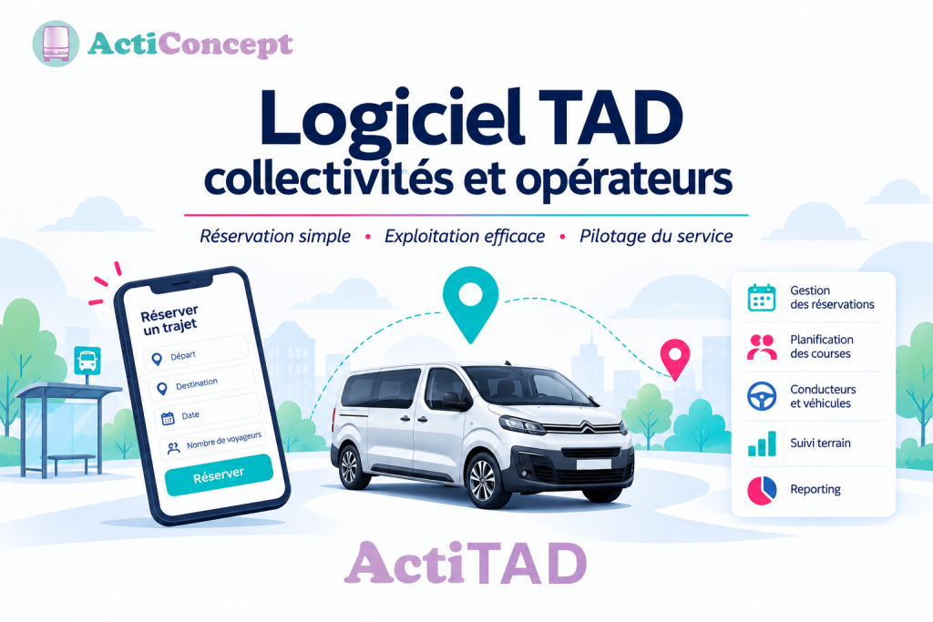 Illustration d’un logiciel TAD pour collectivités et opérateurs avec réservation, planification, véhicules, suivi terrain et reporting